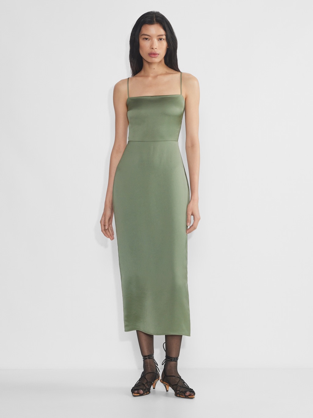 Aritzia Olive Green Satin Slip Maxi Dress